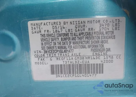 2016 Nissan Versa Note S (Sr)/S Plus/Sl/Sr/Sv z USA, uszkodzony, nr VIN 3N1CE2CP1GL401477
